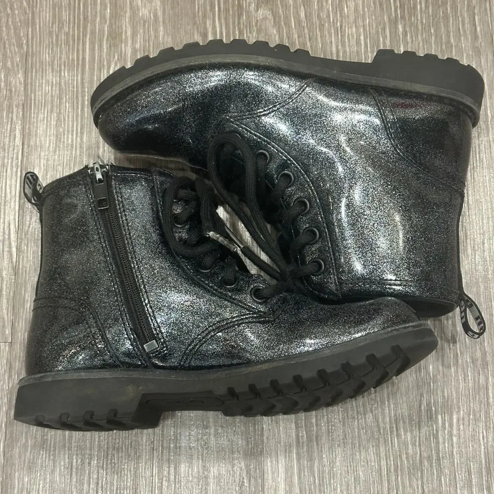 Ugg Black Ashton Glitter Patent Lace-Up Lug Sole Chunky Combat Boots Grunge Sz 2
